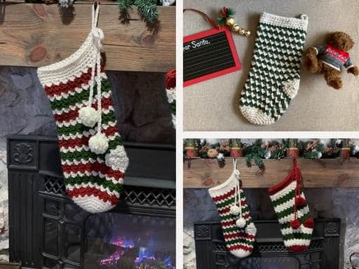 Three photos show red, green, and white striped crocheted Christmas stockings hanging on a mantel and by a fireplace, surrounded by festive decorations, a teddy bear, and a letter board reading “Dear Santa.”. Free crochet pattern