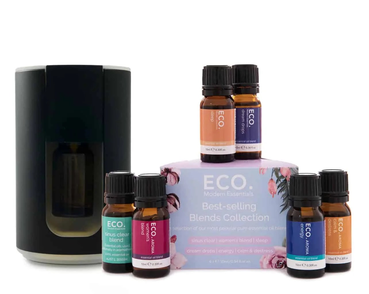 Revive & Thrive Aromatherapy Bundle 7 The Cordless Travel Diffuser & Best Blends Aromatherapy Bundle features a black diffuser, five ECO. Modern Essentials oils, and a lavender-pink “Best-Selling Blends Collection” box for portable aromatherapy anywhere.