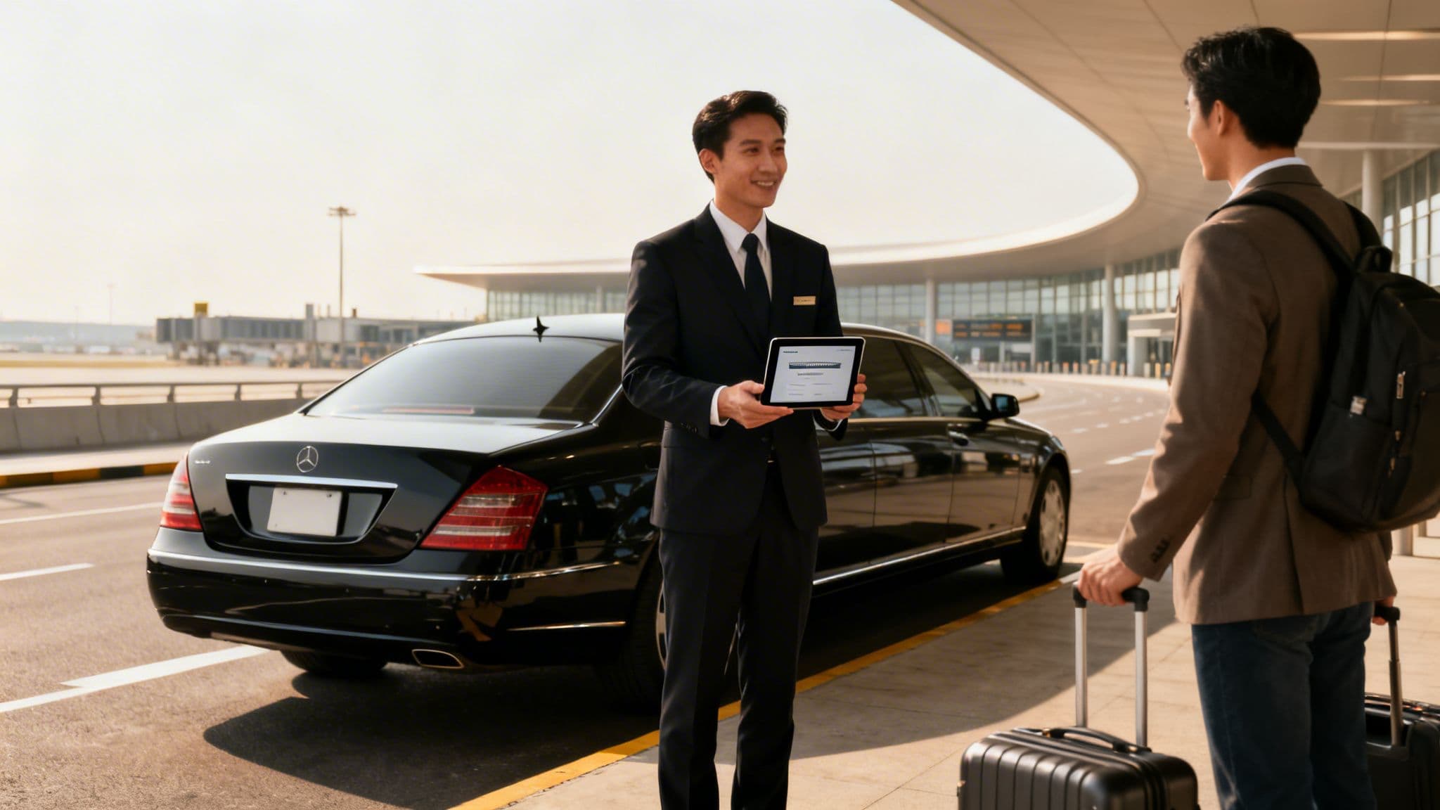 Rental Car Service That Picks You Up: 3 Flaws Behind Airport Chaos 3 Chauffeur holds a tablet, greeting a traveler with luggage by a black luxury car at an airport.