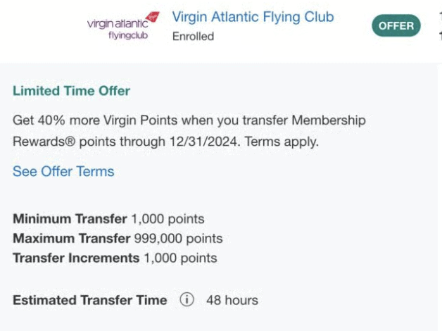 Amex → Virgin Atlantic 40% Transfer Bonus (Thru Dec 31, 2025) 2 Amex → Virgin Atlantic 40% Transfer Bonus