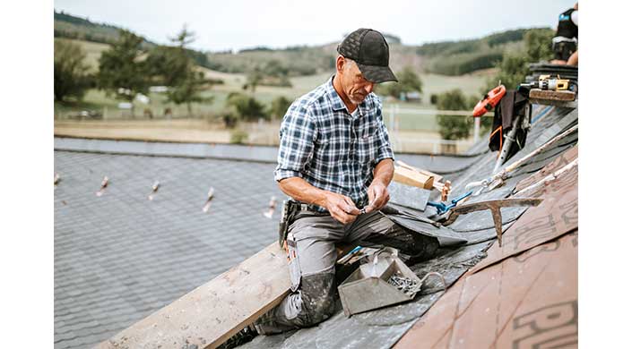 Ein Handwerker mit kariertem Hemd und Kappe arbeitet auf einem Dach und hält Werkzeug in den Händen. Im Hintergrund ist eine ländliche Landschaft sichtbar.