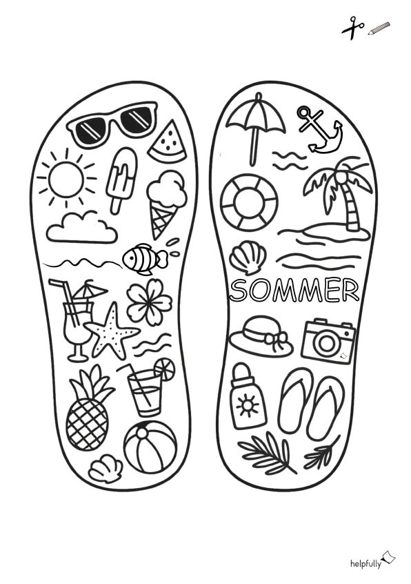 Bastelvorlage mit Flip Flops zum Ausmalen mit Sommermotiven