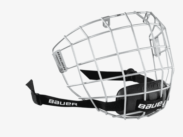 The Bauer Face Cage Youth Prodigy is a silver wire hockey helmet mask featuring a black chin cup, adjustable black straps, and "Bauer" branding.