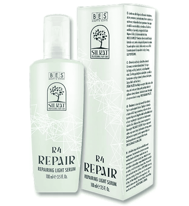 A bottle of R4 Repairing Light Serum, 100 ml, is displayed beside its branded product box with detailed text.