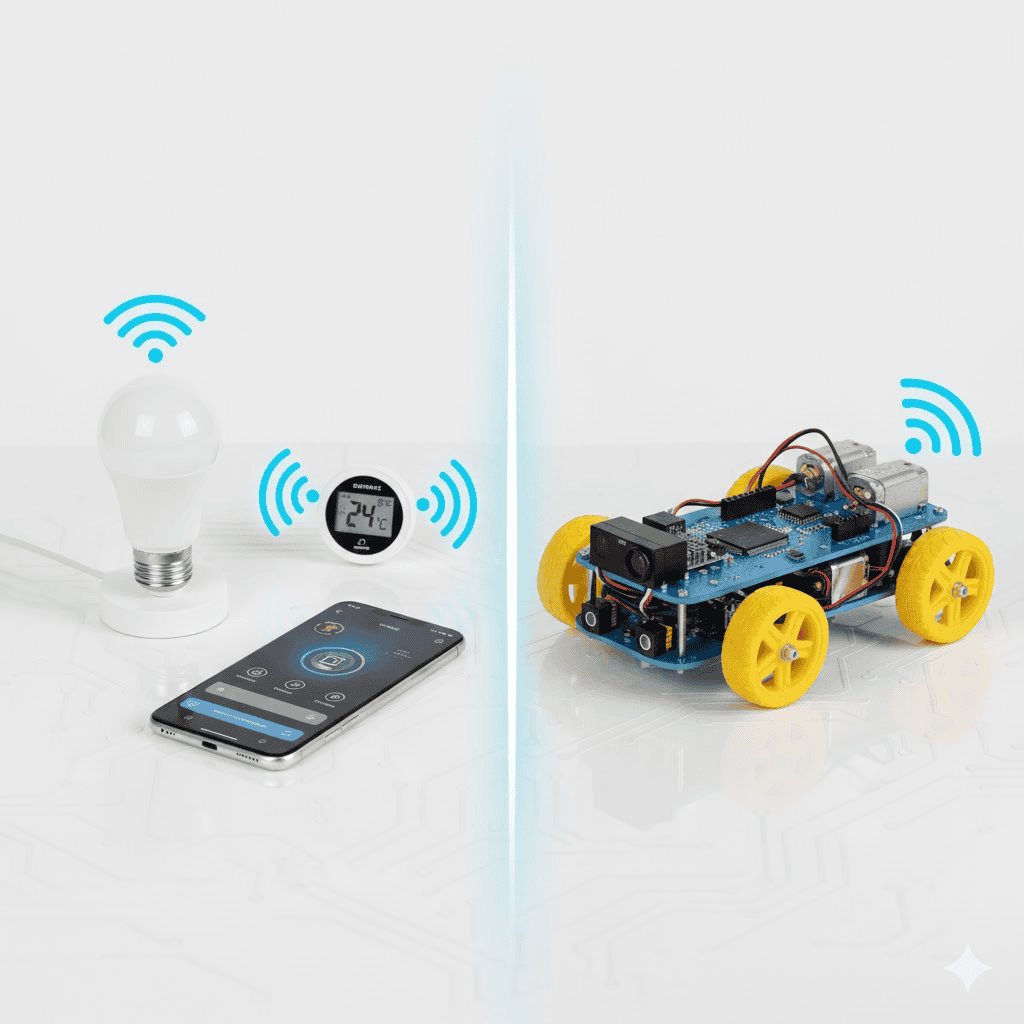 Side-by-side comparison illustrating difference between IoT connected devices and physical robotics systems for student learning
