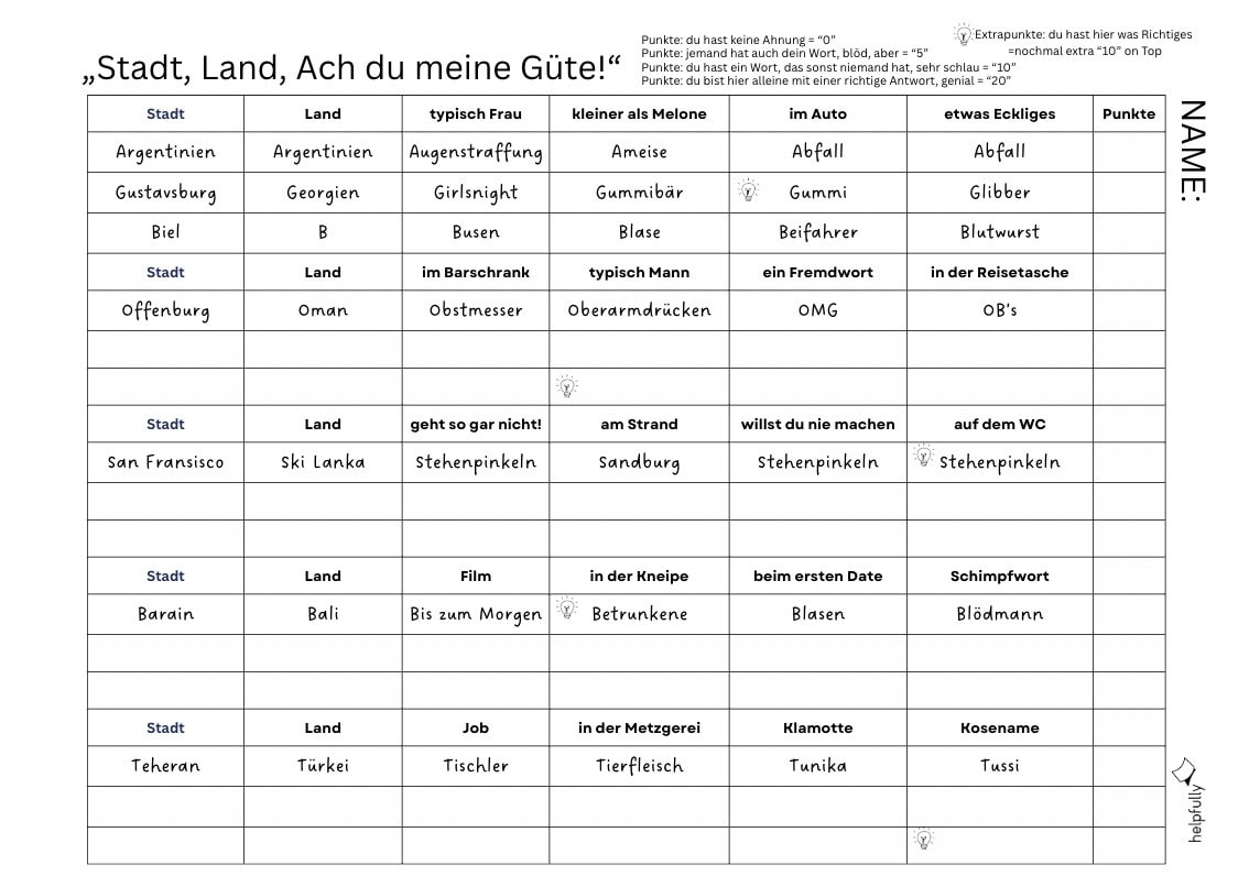 Stadt, Land, Fluss Spielzettel für Erwachsene gratis Vorlage zum Ausdrucken