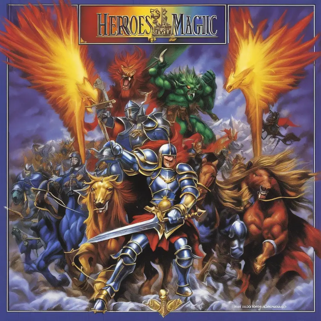 Clairage d'une scène épique de jeu de rôle fantasy Heroes of Magic, avec chevaliers en armure, dragons, créatures mythiques, chevaux en mouvement et magie éclatante pour une aventure héroïque.