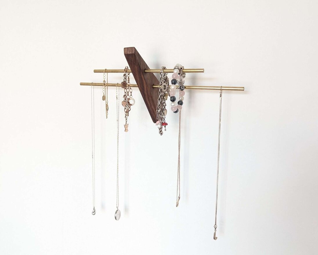 Mini wall necklace jewellery hanger - Black Walnut & Brass