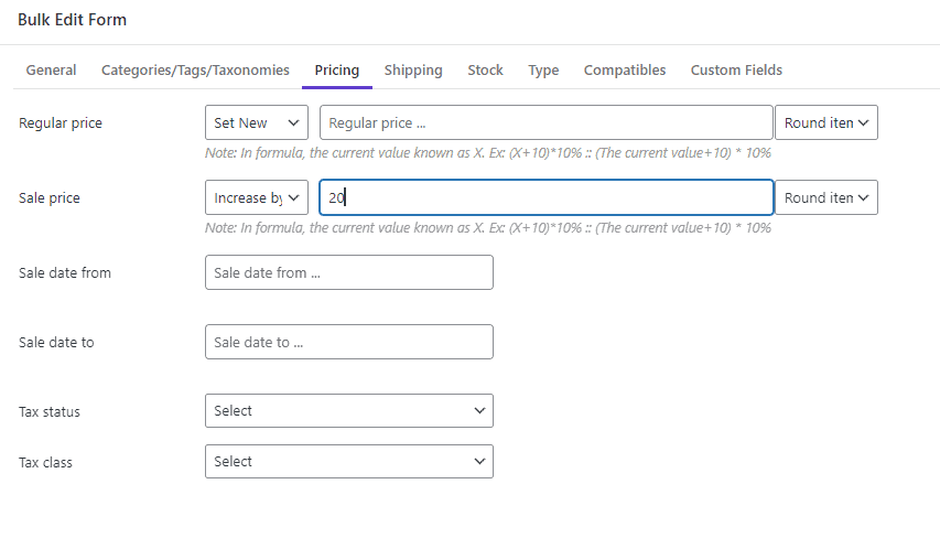select Increase by in operator list of sale price