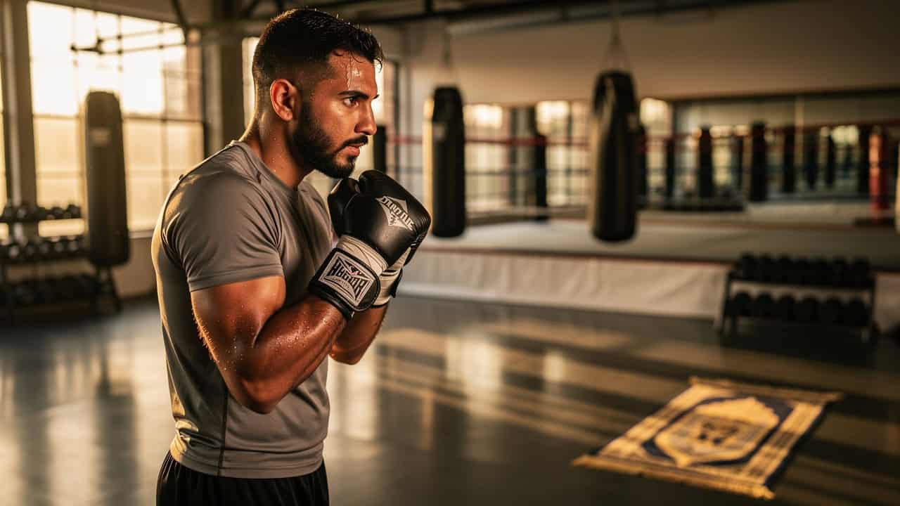 Boxer in gloves stands ready at our Dubai gym; prayer mat behind him reflects Ramadan's discipline and dedication to training.