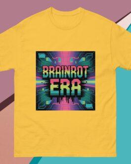 Yellow Brainrot Era T-shirt featuring a vibrant pixelated design with "BRAINROT ERA" text, glitch tech and cyberpunk aesthetic. Unisex classic tee, perfect for gamers and tech enthusiasts.