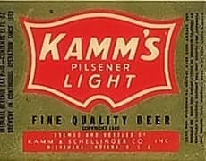 Kamms-Pilsener Kamm's Pilsener Light beer label with vintage design and bold red and green colors.