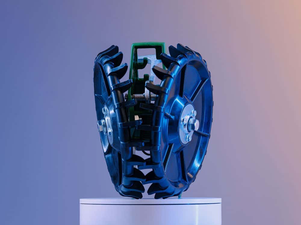 Angled backside view of the 4Ag closing wheel showing frame and rear hardware