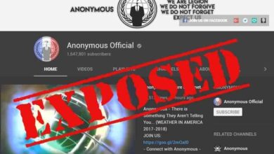 Screenshot of the Anonymous Official YouTube channel, "EXPOSED" with a red stamp. The channel's logo and "Anonymous Official" are visible, with the channel's subscriber count. The Anonymous YouTube channel is exposed for copyright infringement.