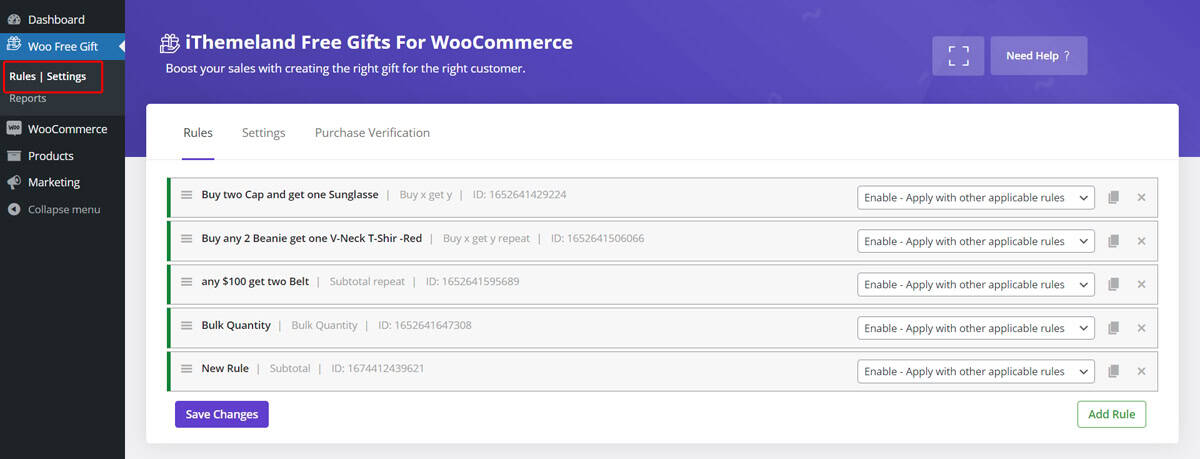 WooCommerce gift product rule list