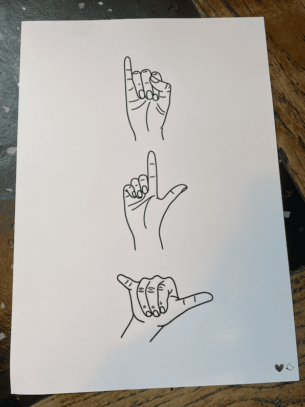 Ausgedruckte A4 Vorlage mit Gebärde-Fingerzeichen I love you