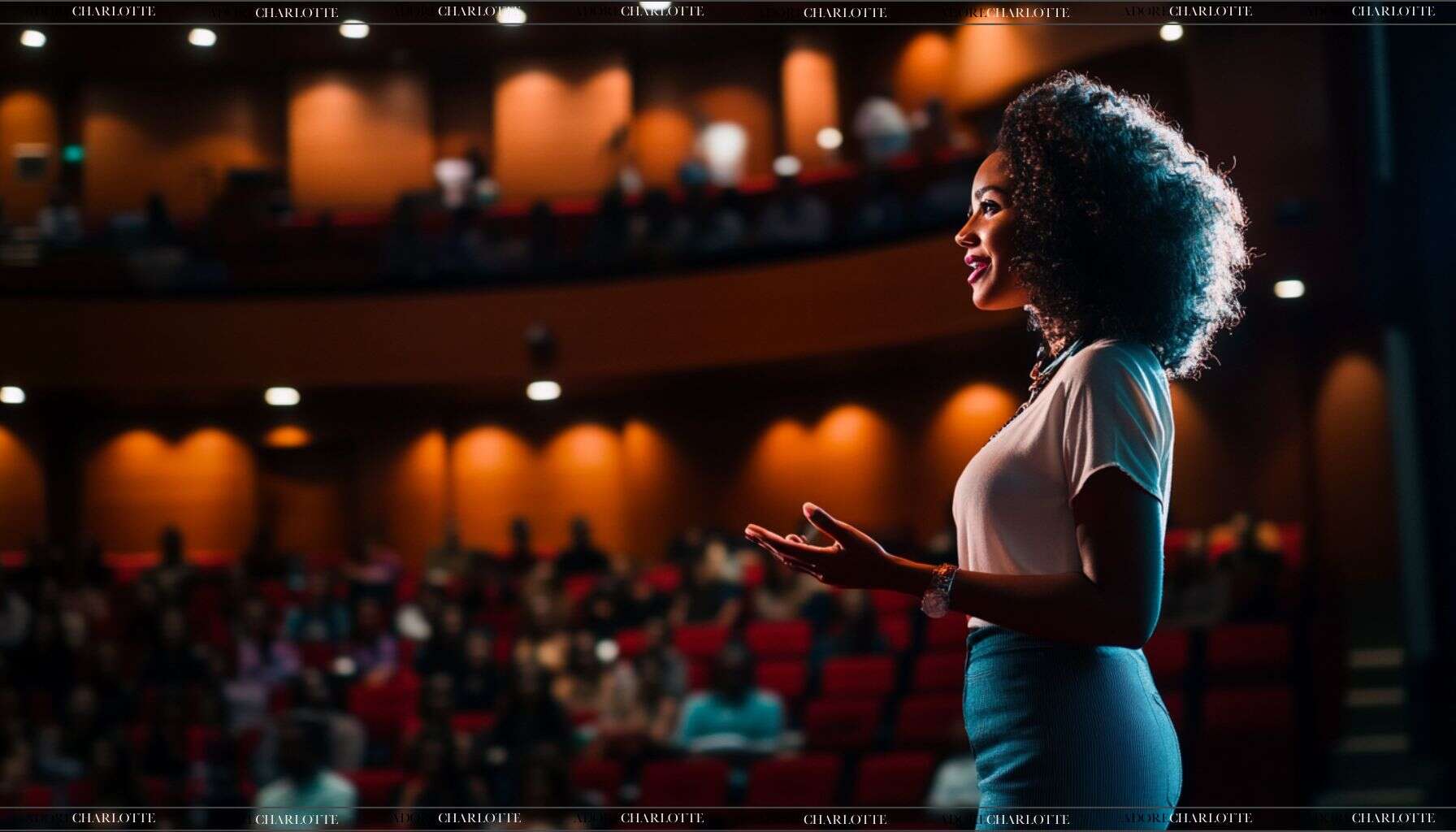 A woman Female Speaker standing on stage talking to an audience
