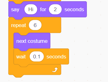 Scratch wave animation — sprite says Hi and cycles costumes 6 times at 0.1-second intervals