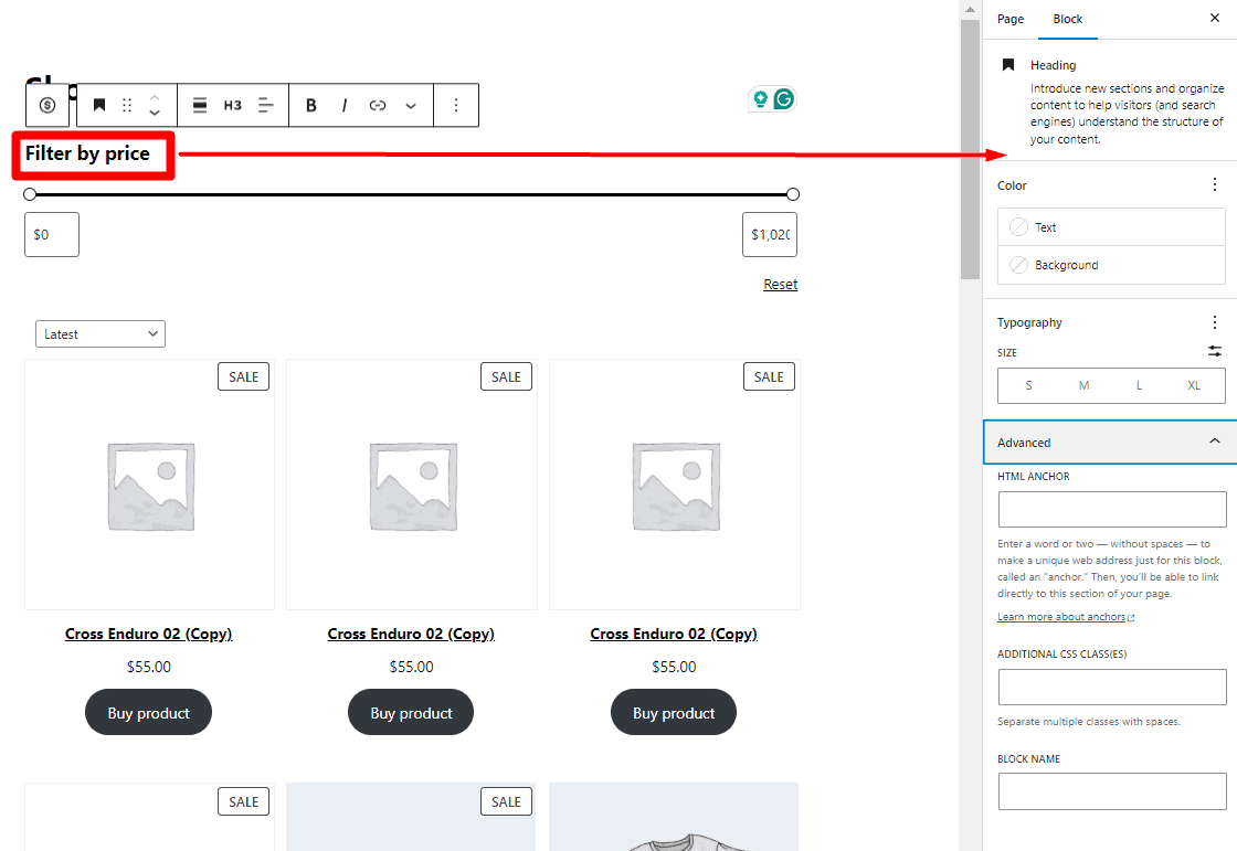 Change heading slider block in WooCommerce shop page
