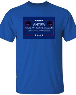 Royal blue "Make Antifa Great Again" T-shirt with the Antifa logo. The design features a red-bordered box with "Antifa" in white lettering above "Make Antifa Great Again" and "Anti-Fascists for President.