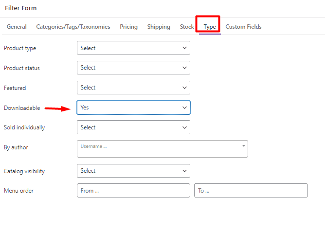 select downloadable field in type tab filter form