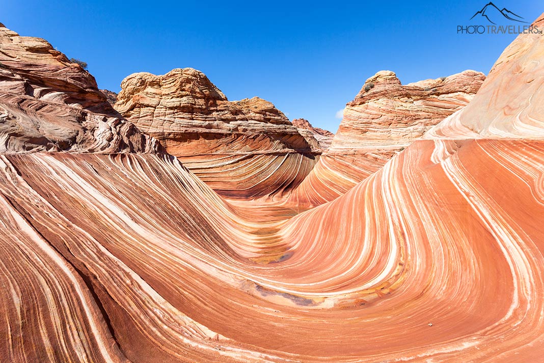 Die Wave in Arizona, ein großes rot-weißes Sandsteingebilde in Form einer Welle