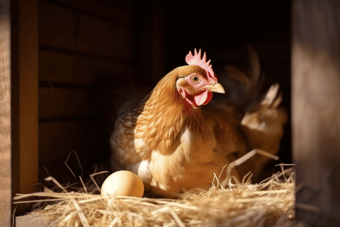 chicken sitting in nest box with an egg