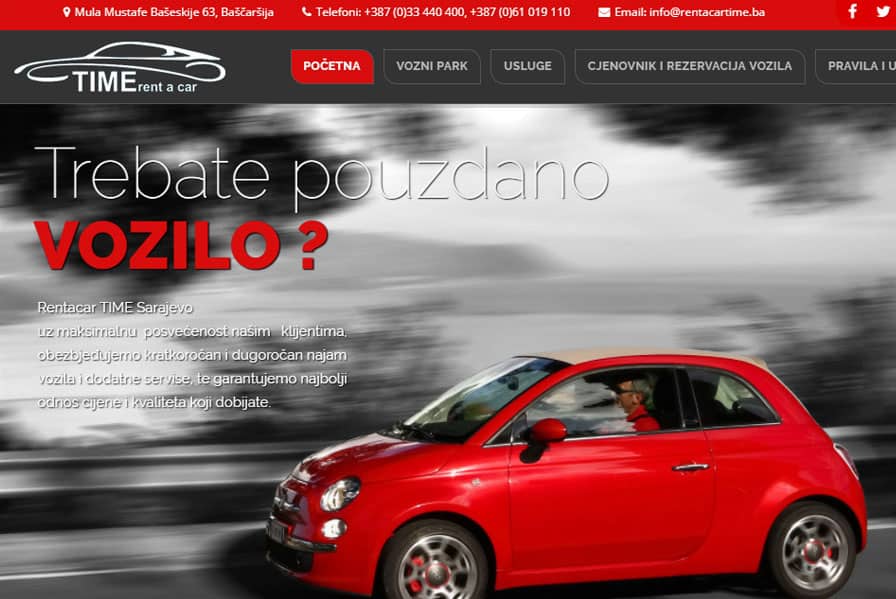 RENT A CAR AGENCIJA “TIME” d.o.o. Sarajevo Vozilo u crvenoj boji na putu, brza vožnja, usluga najma automobila u Sarajevu.