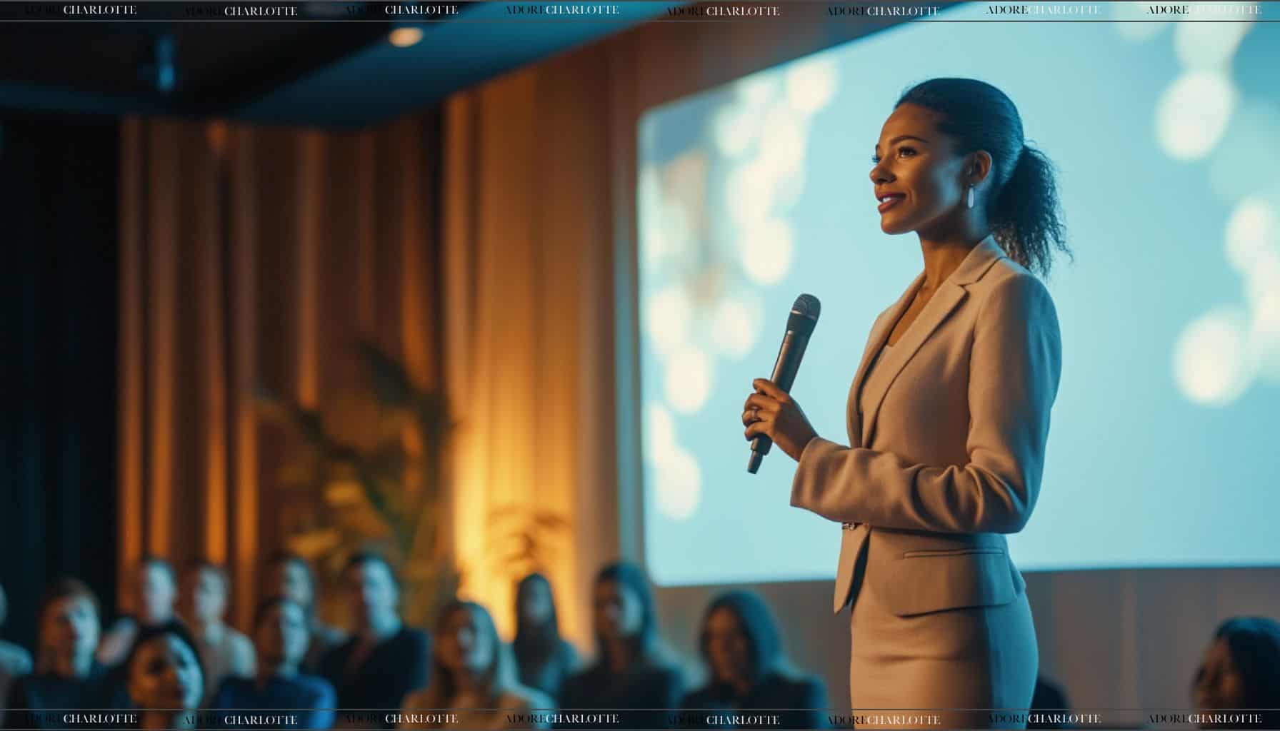 A mixed race woman standing on stage with confidence.