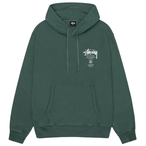 Stussy World Tour Hoodie in Pigment Dyed Logo Forest Green UK SEIKK