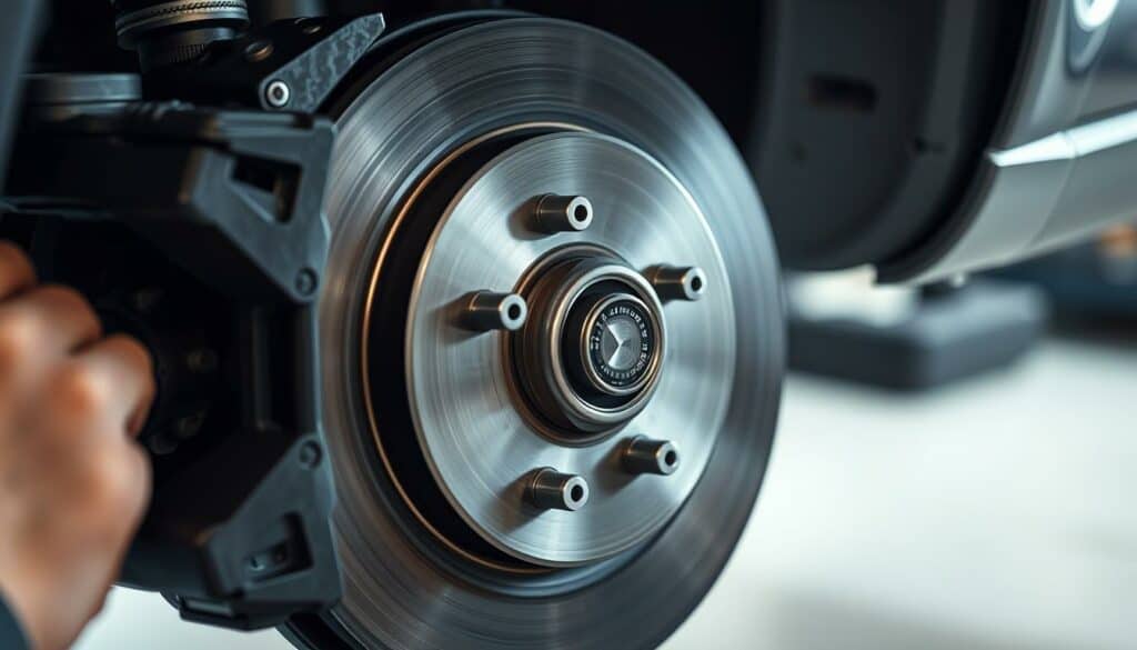 A close-up, detailed shot of an automotive brake disc being carefully aligned and centered on a car's brake caliper. The scene is well-lit, with soft, diffused lighting from the side to highlight the intricate surface textures of the metal disc. The camera angle is slightly tilted, providing an informative, almost educational perspective of the brake disc alignment process. The overall mood is one of precision, focus, and technical expertise, conveying the importance of proper brake maintenance and adjustment. The background is blurred, keeping the attention on the central action of the brake disc alignment. A close-up, detailed shot of an automotive brake disc being carefully aligned and centered on a car's brake caliper. The scene is well-lit, with soft, diffused lighting from the side to highlight the intricate surface textures of the metal disc. The camera angle is slightly tilted, providing an informative, almost educational perspective of the brake disc alignment process. The overall mood is one of precision, focus, and technical expertise, conveying the importance of proper brake maintenance and adjustment. The background is blurred, keeping the attention on the central action of the brake disc alignment.