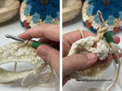 Hands hold a crochet hook with cream and tan yarn; blurred colorful crochet piece in back. www.prettydarnadorable.com shows. Free crochet pattern