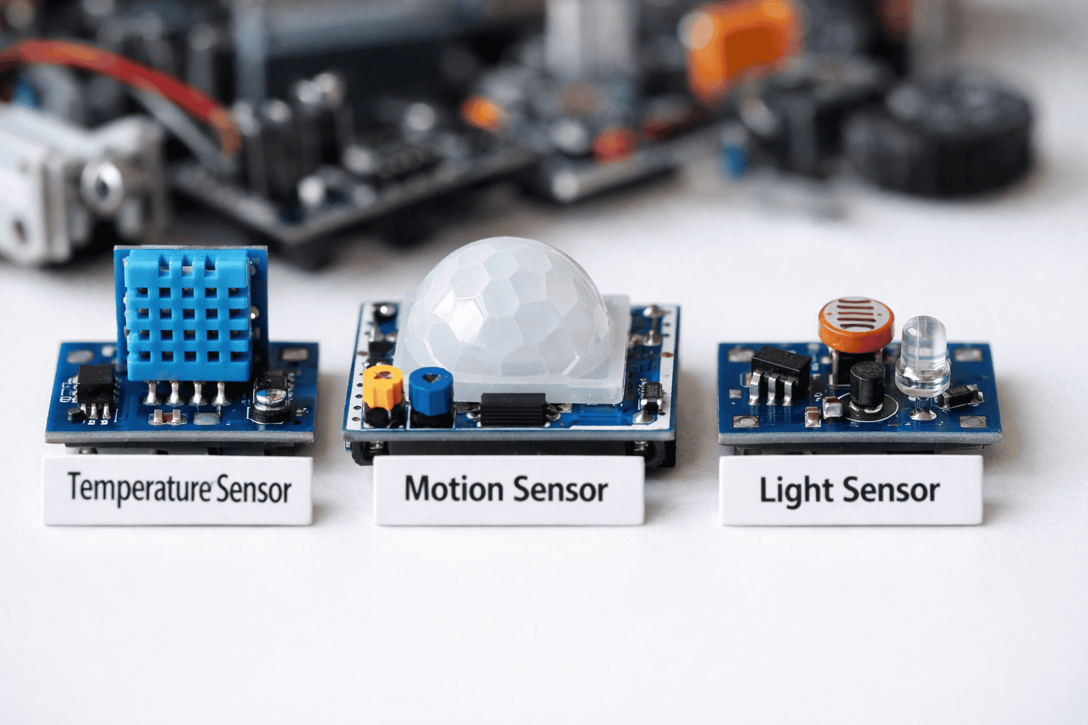 Collection of IoT sensors including temperature, motion, and light sensors used in basic components of IoT system for kids projects