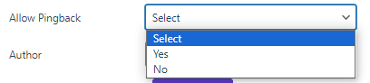 Select allow pingback field in WordPress bulk edit post/page plugin