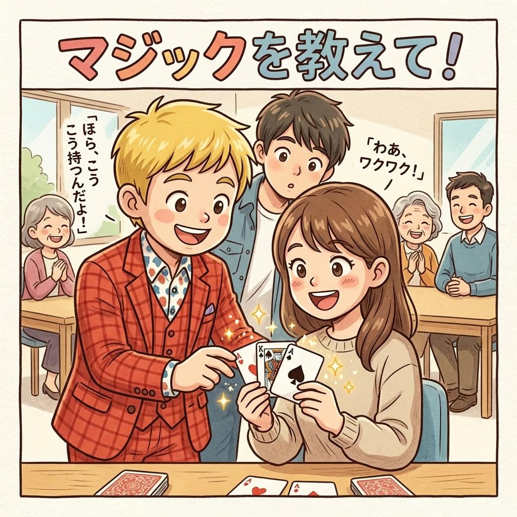 こどもみらい館ボランティア養成講習会で講師を務めます!「コミュニケーション・マジック」実践講座【5/24開催・参加無料】 5 ボランティア研修会でマジックのやり方を参加者に手取り足取り教えるコンプレッサーのイラスト