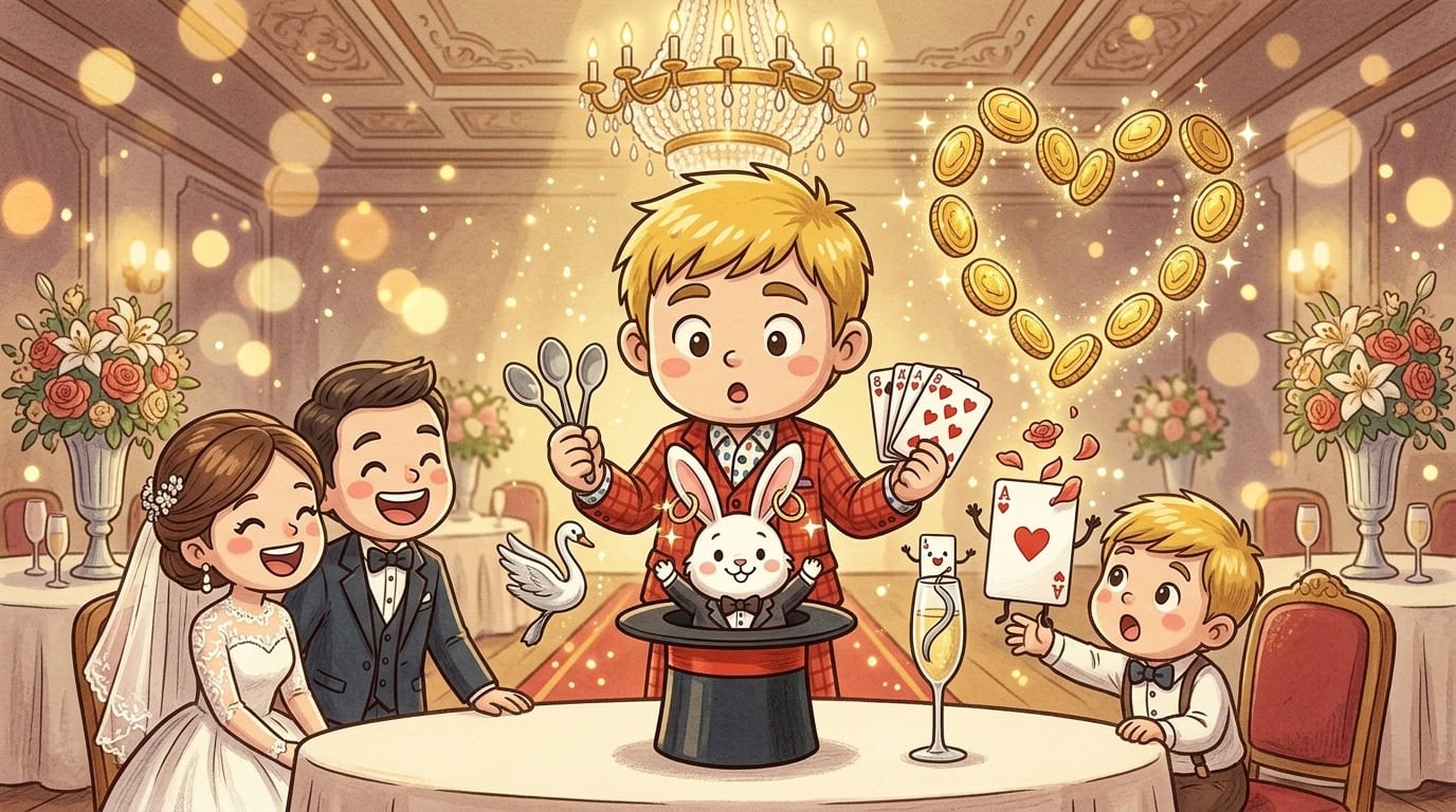 結婚式マジックが最高に幸せ!プロ18年目が語るレギュラーの3つの価値 2 富山の結婚式場で披露宴ゲストにテーブルマジックを披露するマジシャン・コンプレッサーのチビキャラ風イラスト