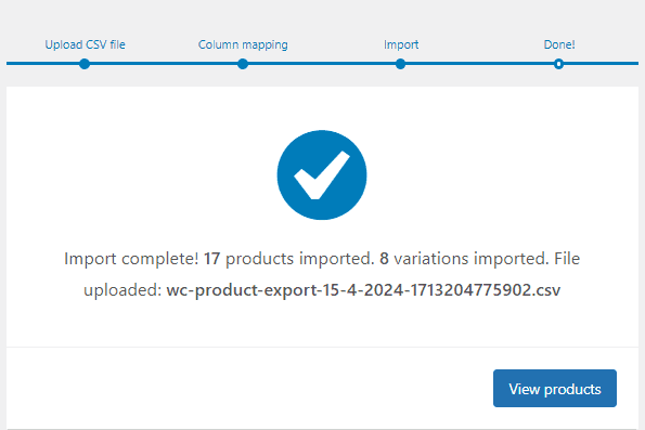 import products done in WooCommerce import form