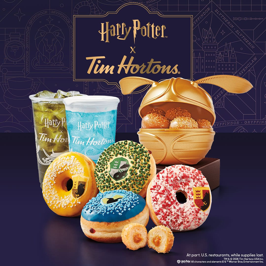 Harry Potter x Tim Hortons donuts, drinks and Golden Snitch Timbits holder in themed packaging