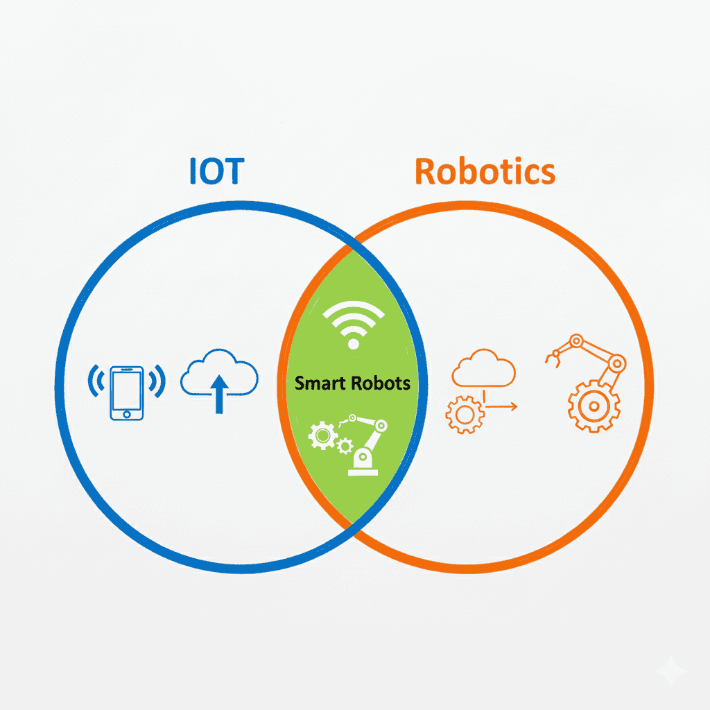 Venn diagram illustrating overlap between IoT and Robotics showing how technologies combine in smart robotic systems