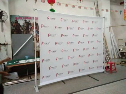 Fabric banner on Telesopic backdrop