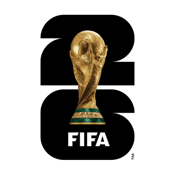 FIFA World Cup trophy centered over a black stylized number "26" with "FIFA" written below, representing the 2026 FIFA World Cup logo.