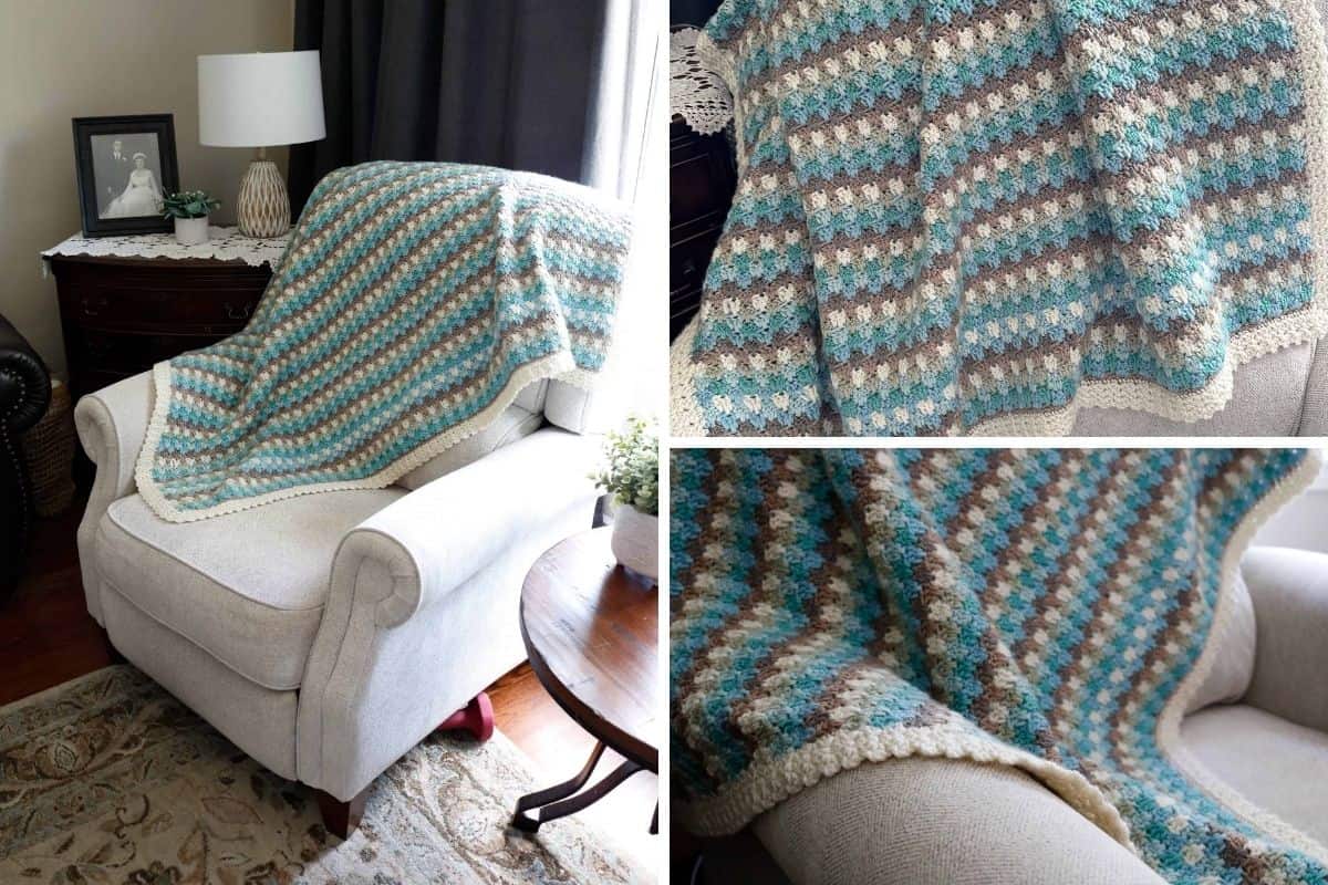 A cream armchair with a blue, gray, and white crocheted blanket draped over it sits in a warmly lit, traditional living room; two close-up shots show the blanket’s textured pattern and colors. No visible text or promotional information appears in the image. Free crochet pattern