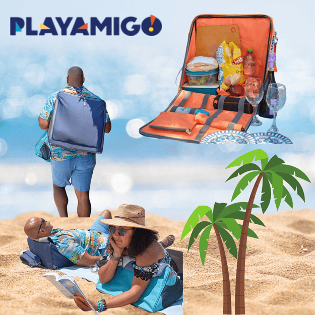 Sand Water Blue Sky, Palm Trees People at the Beach Playmigo