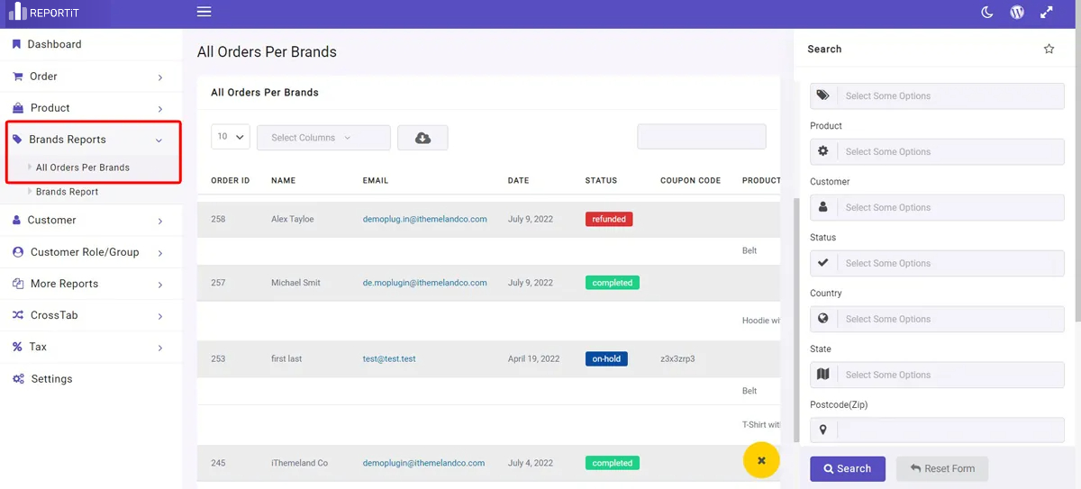WooCommerce order per brand report
