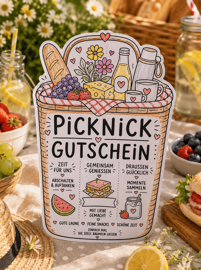 Ausgeschnitten und Angemalt - der Picknick-Gutschein zum Verschenken ist mega schön!