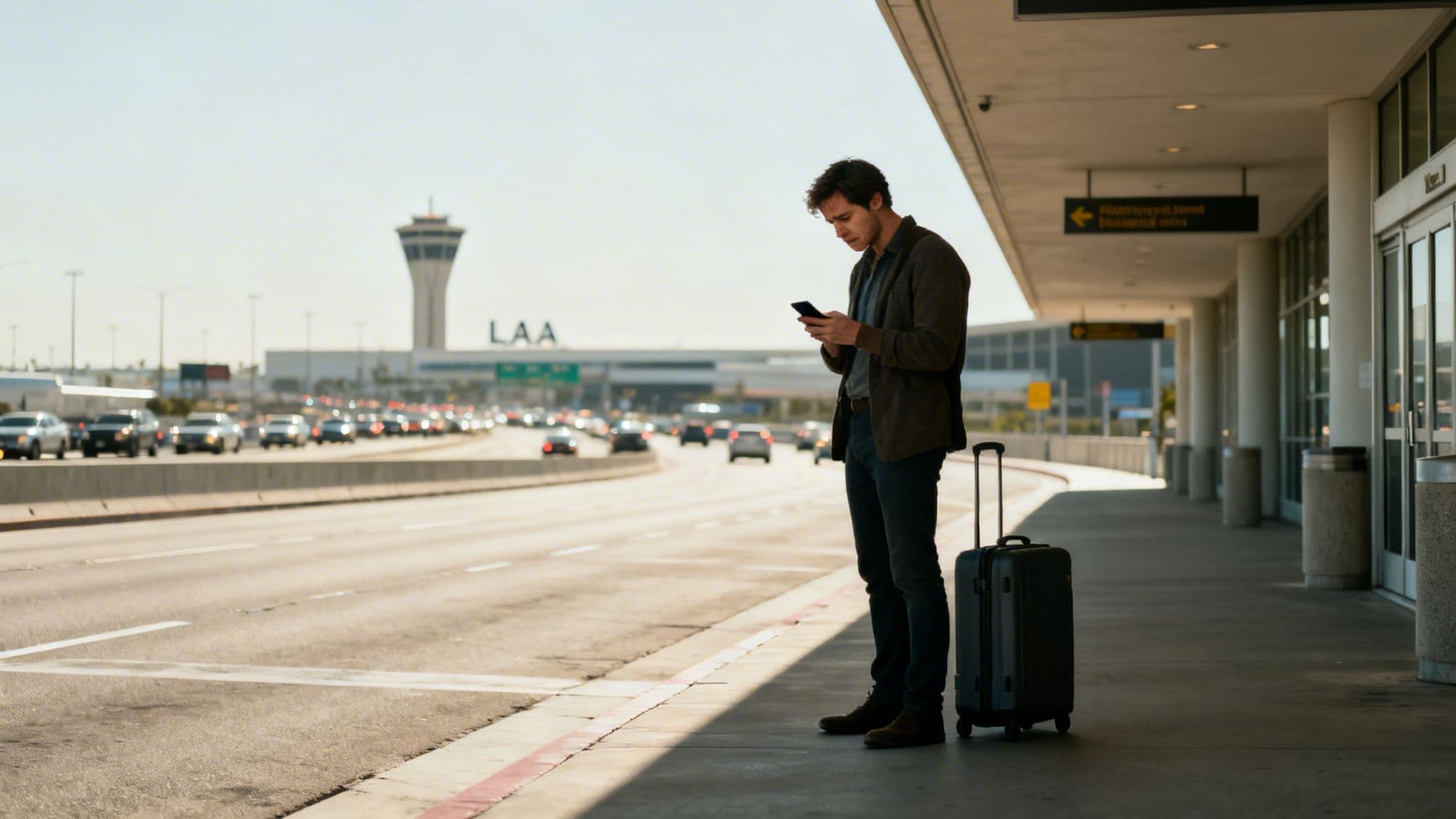 The Adult’s Guide to a Calm and Certain LAX Arrival 1 A man stands with his luggage outside an airport terminal, looking at his smartphone.