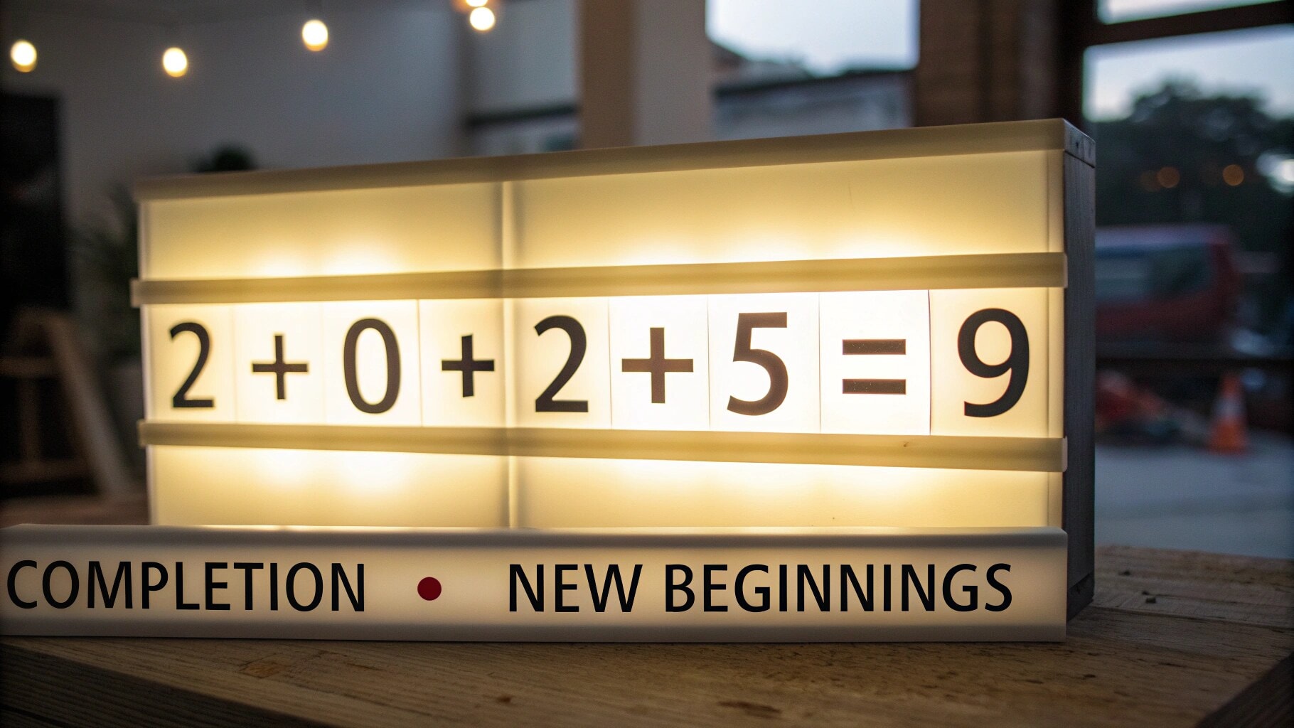 2025 계산을 보여주는 라이트 박스 : 2+0+2+5 = 9