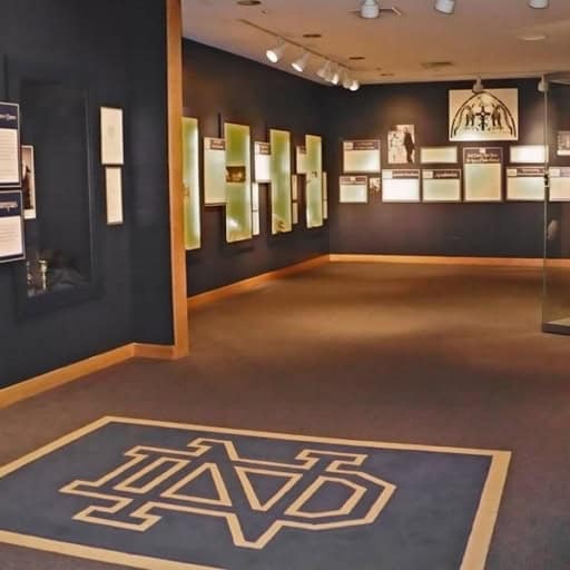 Raclin Gallery of Notre Dame History_resize Historical exhibit display at The History Museum showcasing artifacts and information on regional history.