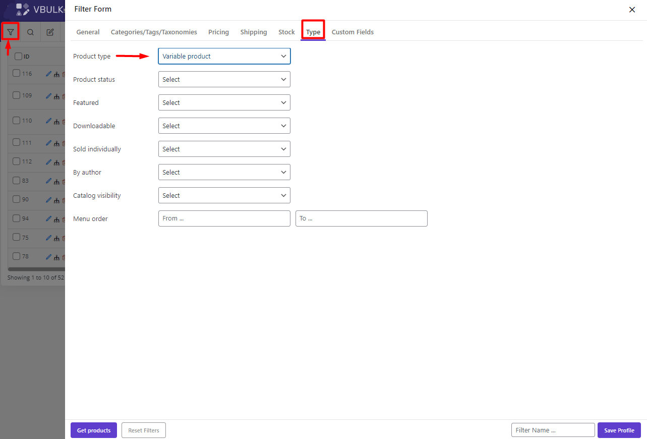 Filter desired WooCommerce variable products