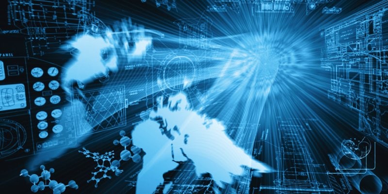 A digital composition featuring a bright blue abstract design symbolizing technology and innovation. The image includes a glowing world map overlayed with various digital schematics, molecular structures, and futuristic data visuals. Radiating light beams emerge from the center, suggesting energy, speed, or the dissemination of information. The artwork conveys themes of global connectivity, scientific advancements, and technological breakthroughs.